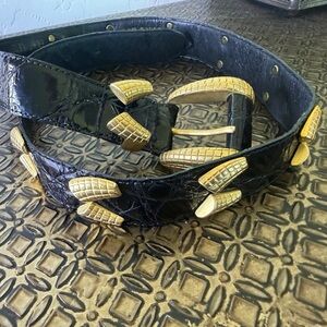 Vintage Crisca Black and Gold Belt with Textured Buckle Italy